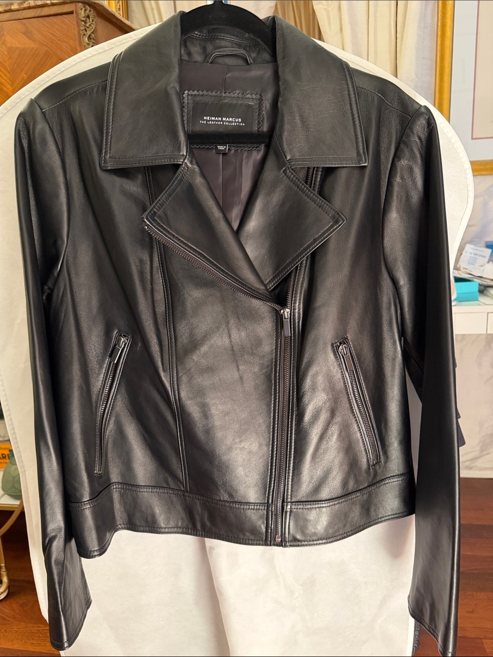 Neiman Marcus Black Leather Asymmetric Zip Jacket